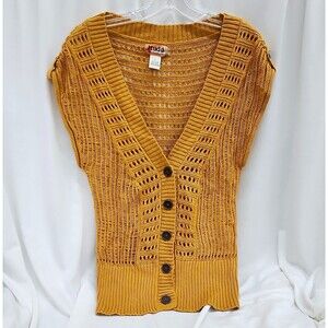 Mudd  Mustard Yellow Cotton Open Knit V-Neck Button Front Cardigan Sweater Sz L